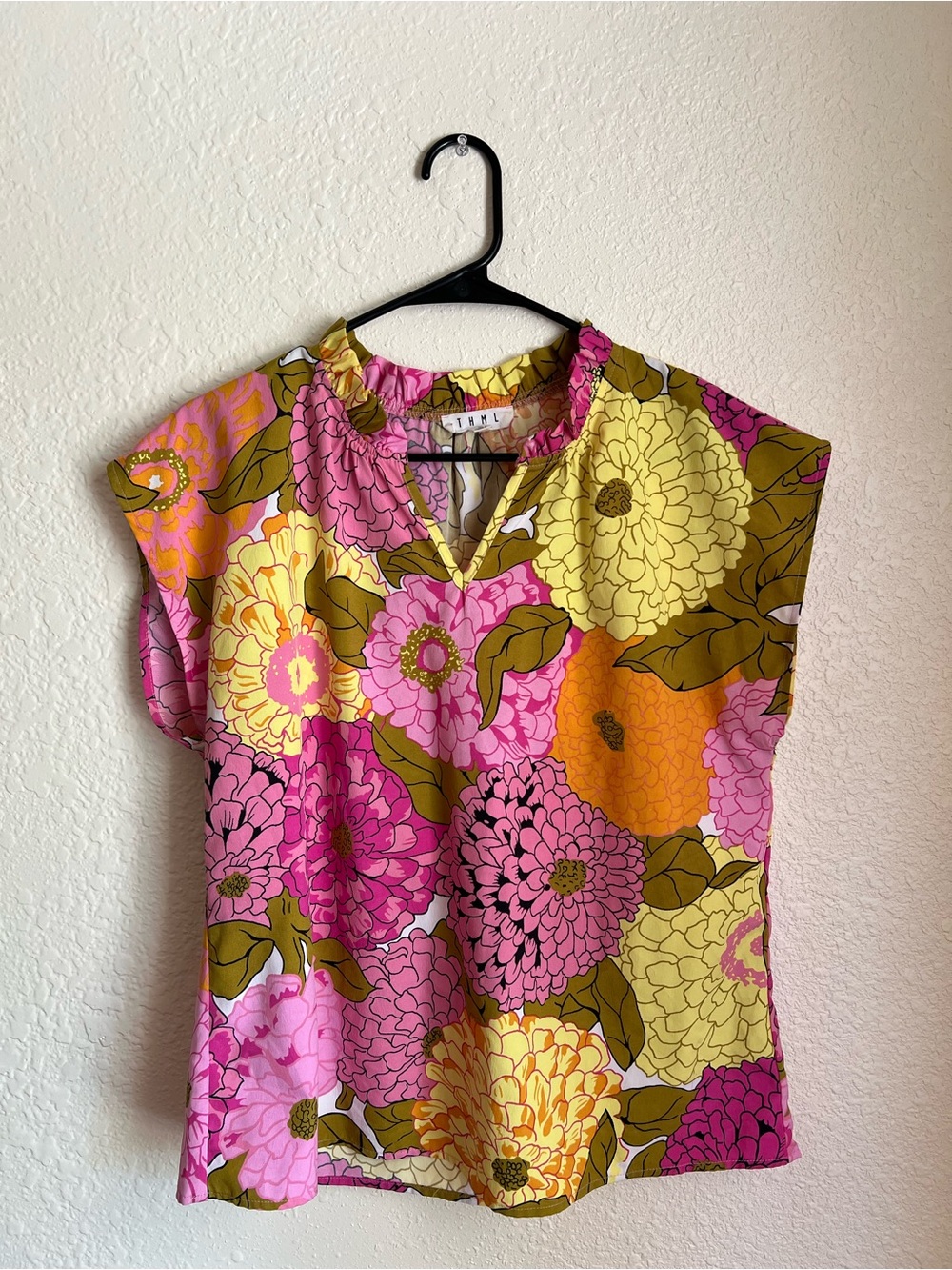 THML Floral Cap-Sleeve Blouse in Pink, Yellow & Orange
